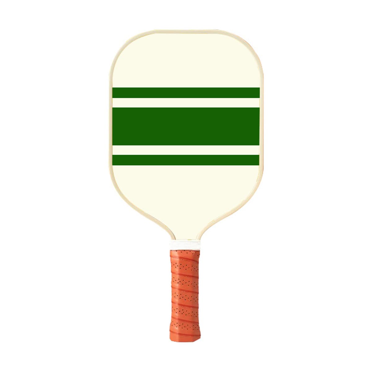 Picklr court paddle with dark green stripes on a cream face and an orange cushioned grip