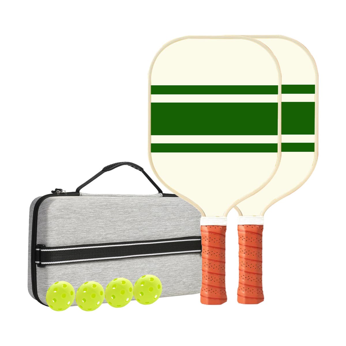 Two green-striped Picklr paddles beside a grey zipped case and four yellow outdoor balls